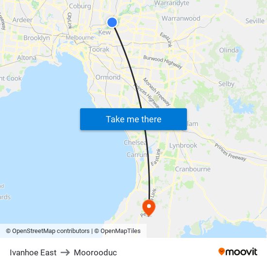 Ivanhoe East to Moorooduc map