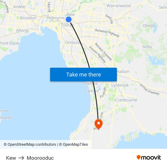 Kew to Moorooduc map