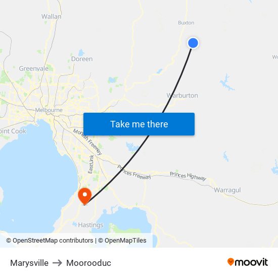 Marysville to Moorooduc map