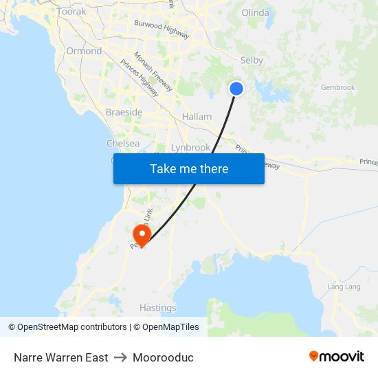 Narre Warren East to Moorooduc map