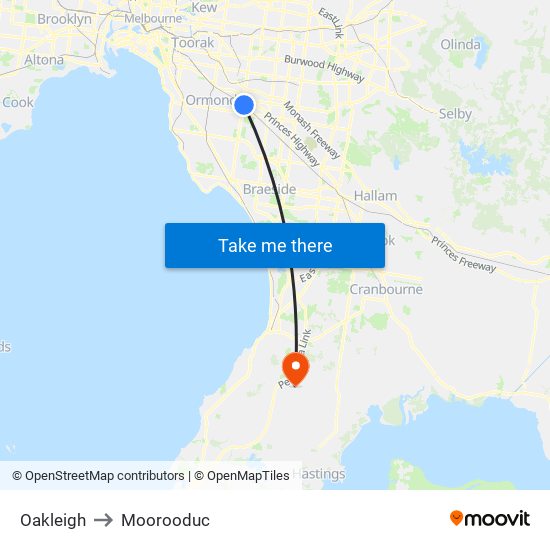 Oakleigh to Moorooduc map