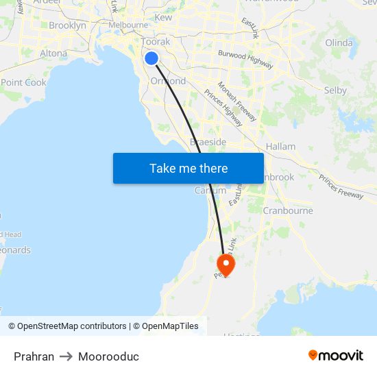 Prahran to Moorooduc map