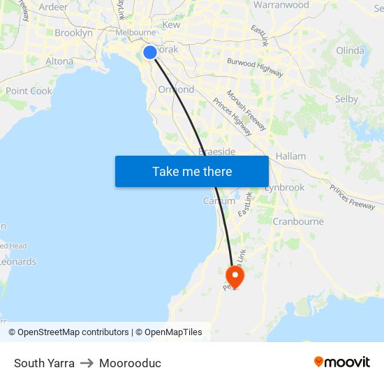 South Yarra to Moorooduc map