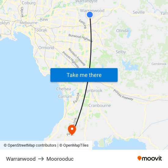 Warranwood to Moorooduc map