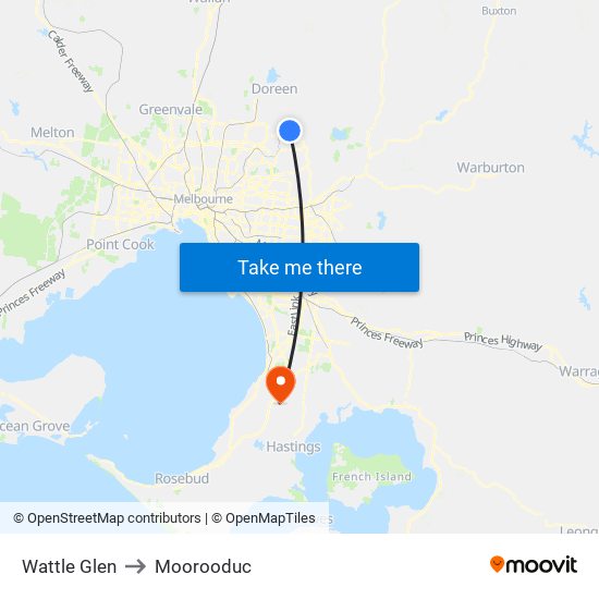 Wattle Glen to Moorooduc map