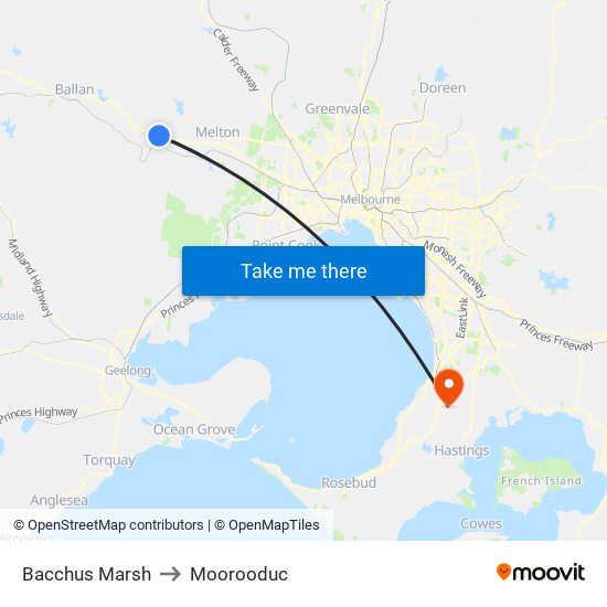 Bacchus Marsh to Moorooduc map