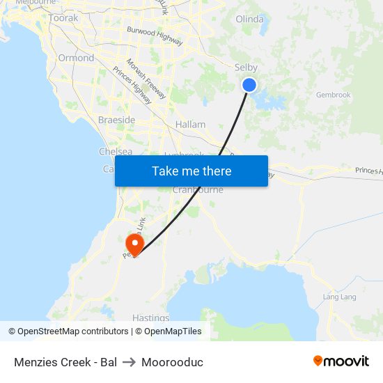 Menzies Creek - Bal to Moorooduc map