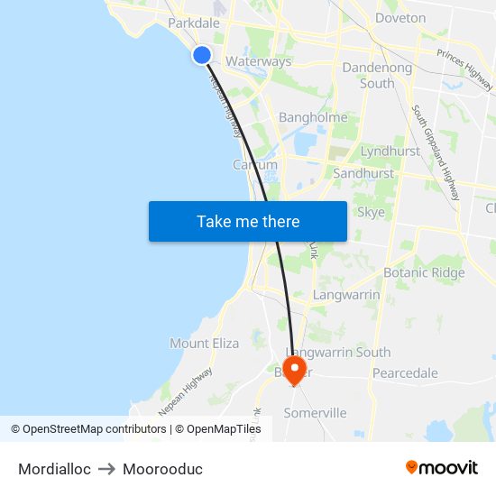 Mordialloc to Moorooduc map