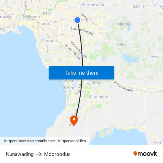 Nunawading to Moorooduc map