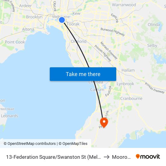 13-Federation Square/Swanston St (Melbourne City) to Moorooduc map