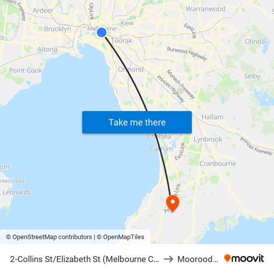 2-Collins St/Elizabeth St (Melbourne City) to Moorooduc map