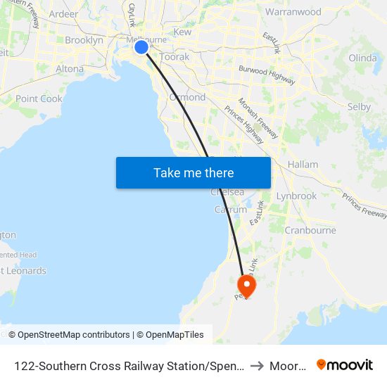 122-Southern Cross Railway Station/Spencer St (Melbourne City) to Moorooduc map