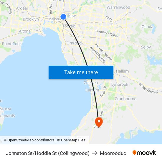 Johnston St/Hoddle St (Collingwood) to Moorooduc map