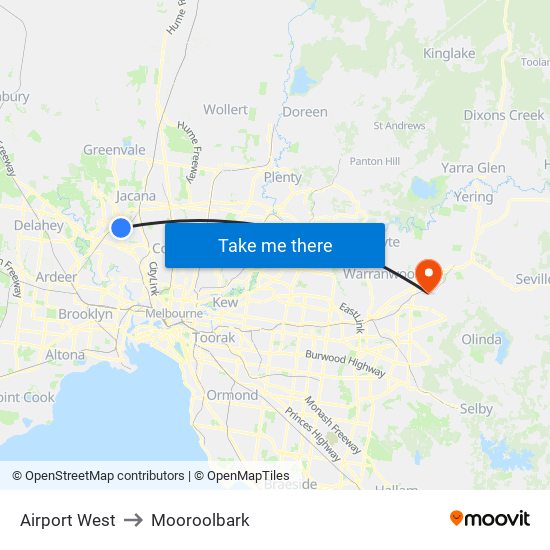 Airport West to Mooroolbark map