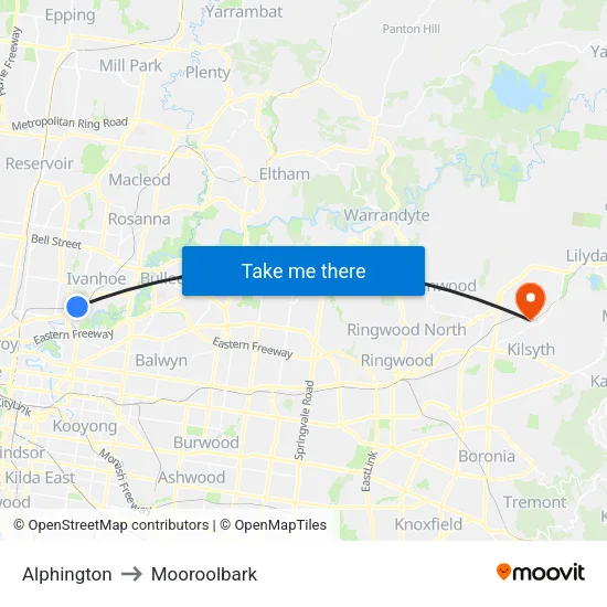 Alphington to Mooroolbark map