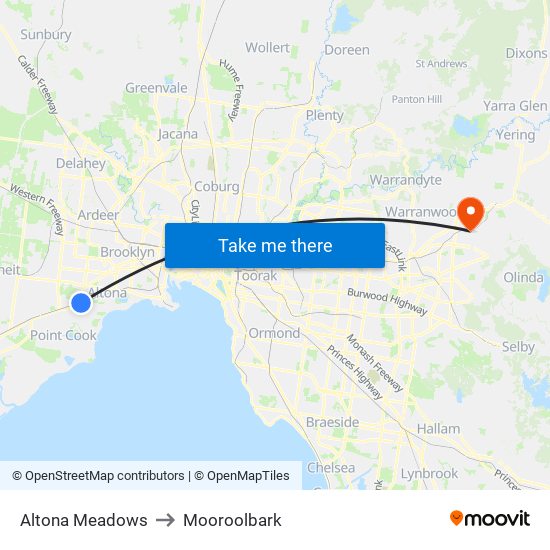 Altona Meadows to Mooroolbark map