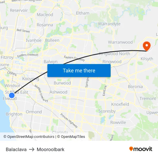Balaclava to Mooroolbark map