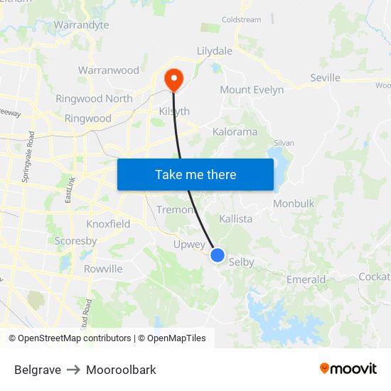 Belgrave to Mooroolbark map