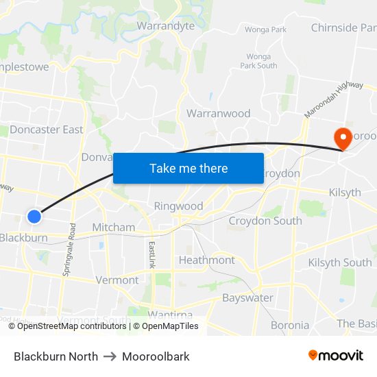 Blackburn North to Mooroolbark map