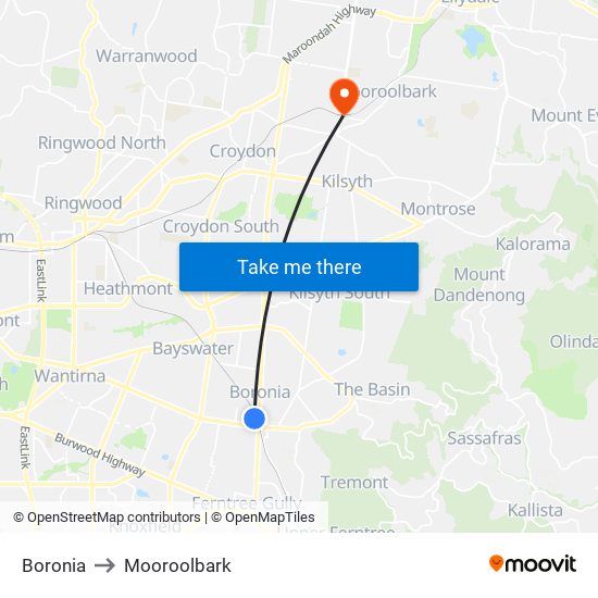 Boronia to Mooroolbark map