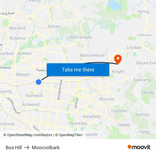 Box Hill to Mooroolbark map