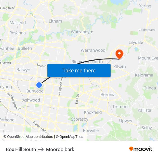 Box Hill South to Mooroolbark map