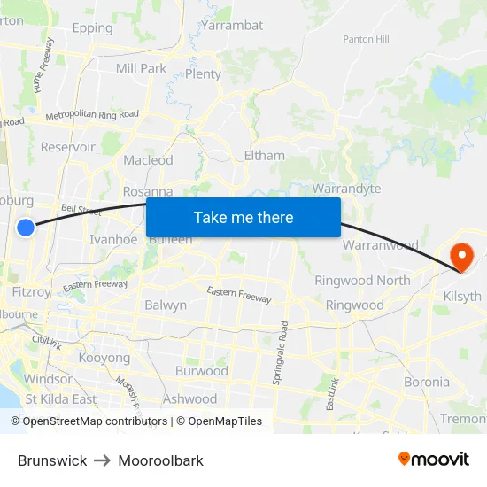Brunswick to Mooroolbark map