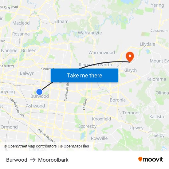 Burwood to Mooroolbark map