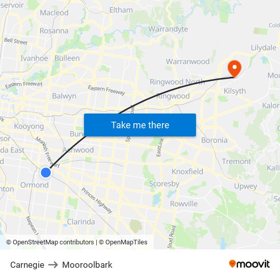 Carnegie to Mooroolbark map