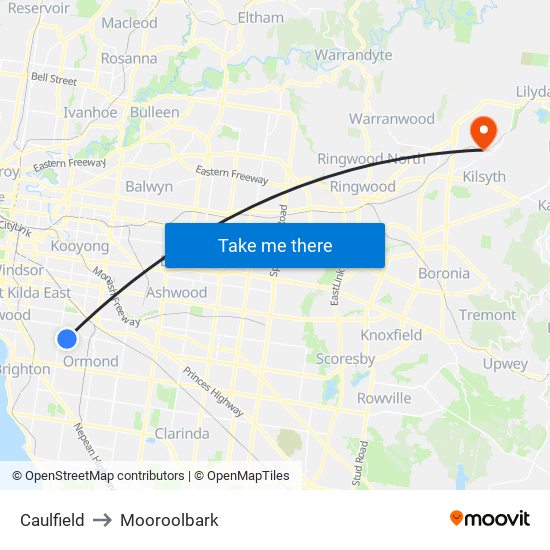 Caulfield to Mooroolbark map