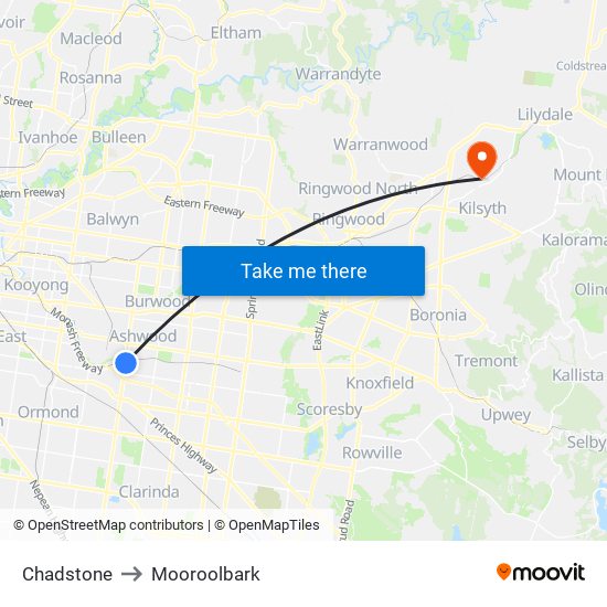 Chadstone to Mooroolbark map