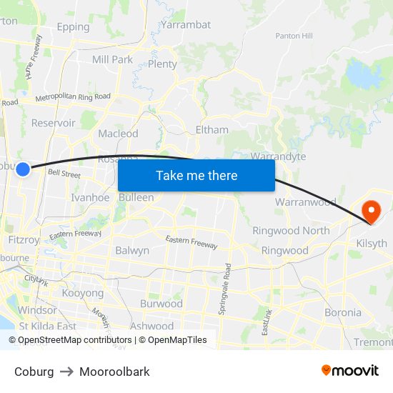 Coburg to Mooroolbark map