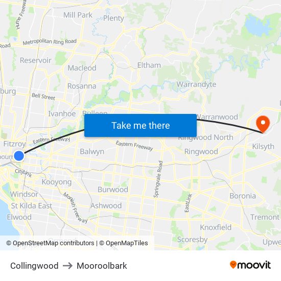 Collingwood to Mooroolbark map