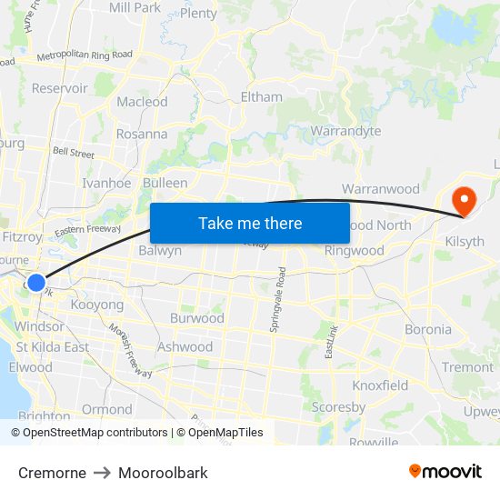 Cremorne to Mooroolbark map