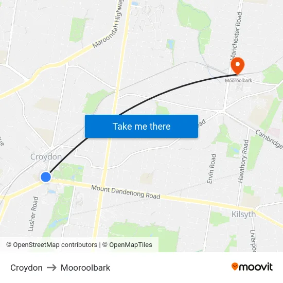 Croydon to Mooroolbark map