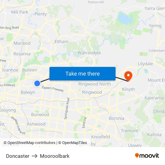 Doncaster to Mooroolbark map
