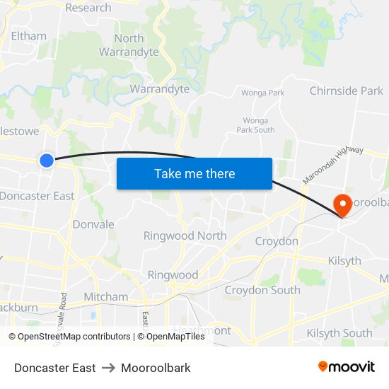 Doncaster East to Mooroolbark map