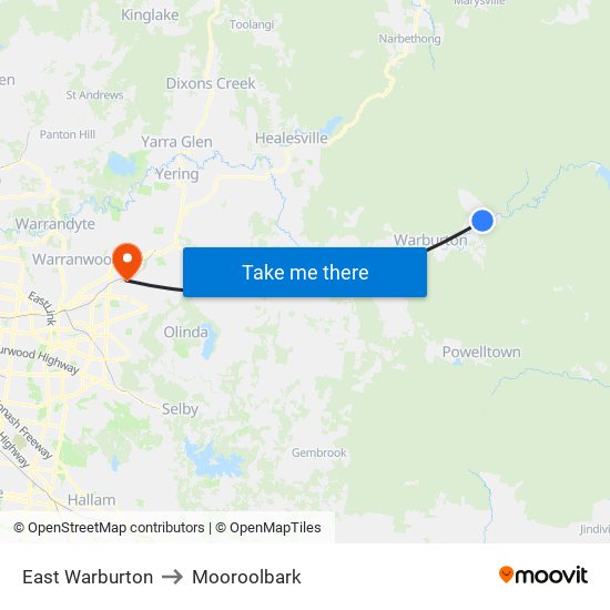 East Warburton to Mooroolbark map