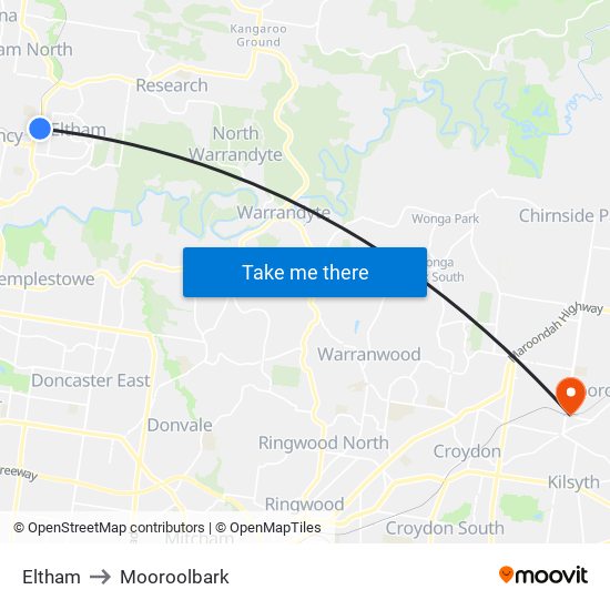 Eltham to Mooroolbark map