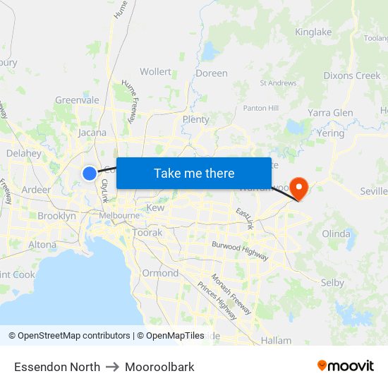 Essendon North to Mooroolbark map