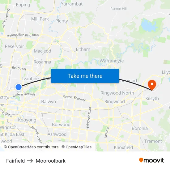 Fairfield to Mooroolbark map
