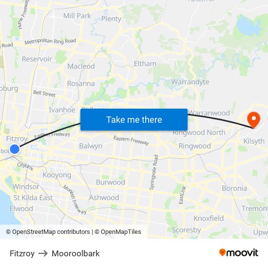 Fitzroy to Mooroolbark map