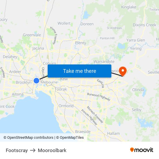 Footscray to Mooroolbark map