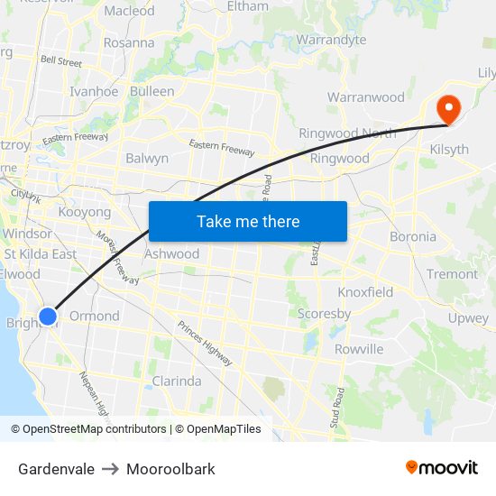 Gardenvale to Mooroolbark map