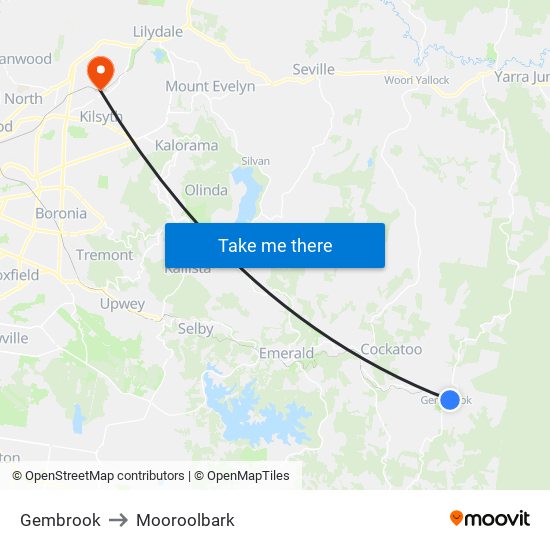 Gembrook to Mooroolbark map