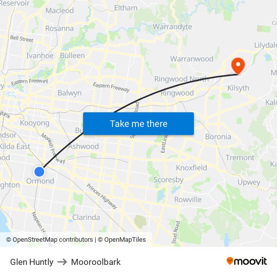 Glen Huntly to Mooroolbark map