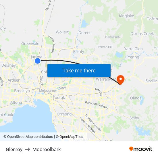 Glenroy to Mooroolbark map