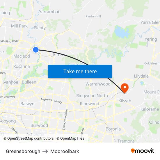 Greensborough to Mooroolbark map