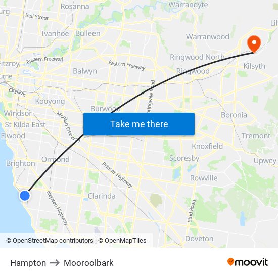 Hampton to Mooroolbark map