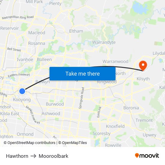 Hawthorn to Mooroolbark map